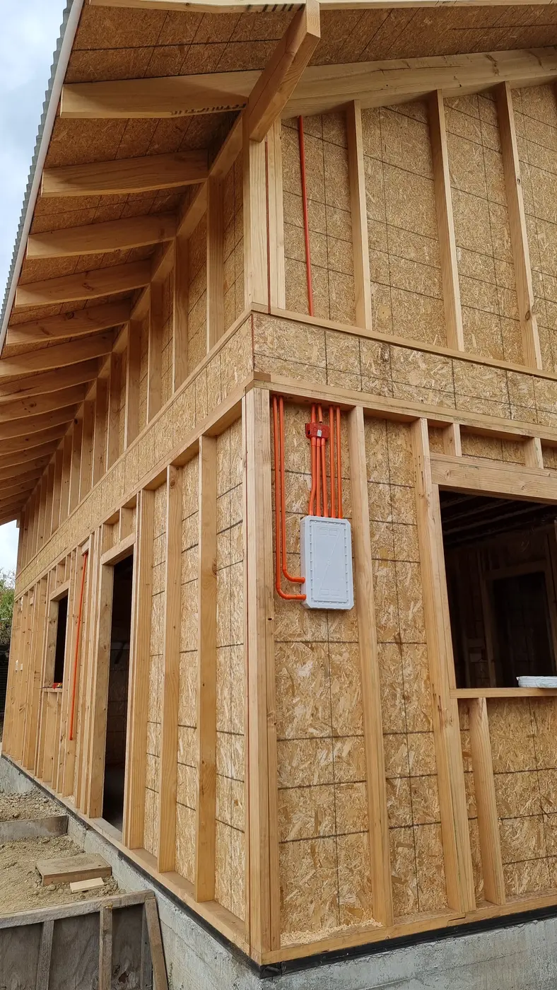 Sistema de entramado de madera abierto durante la construcción